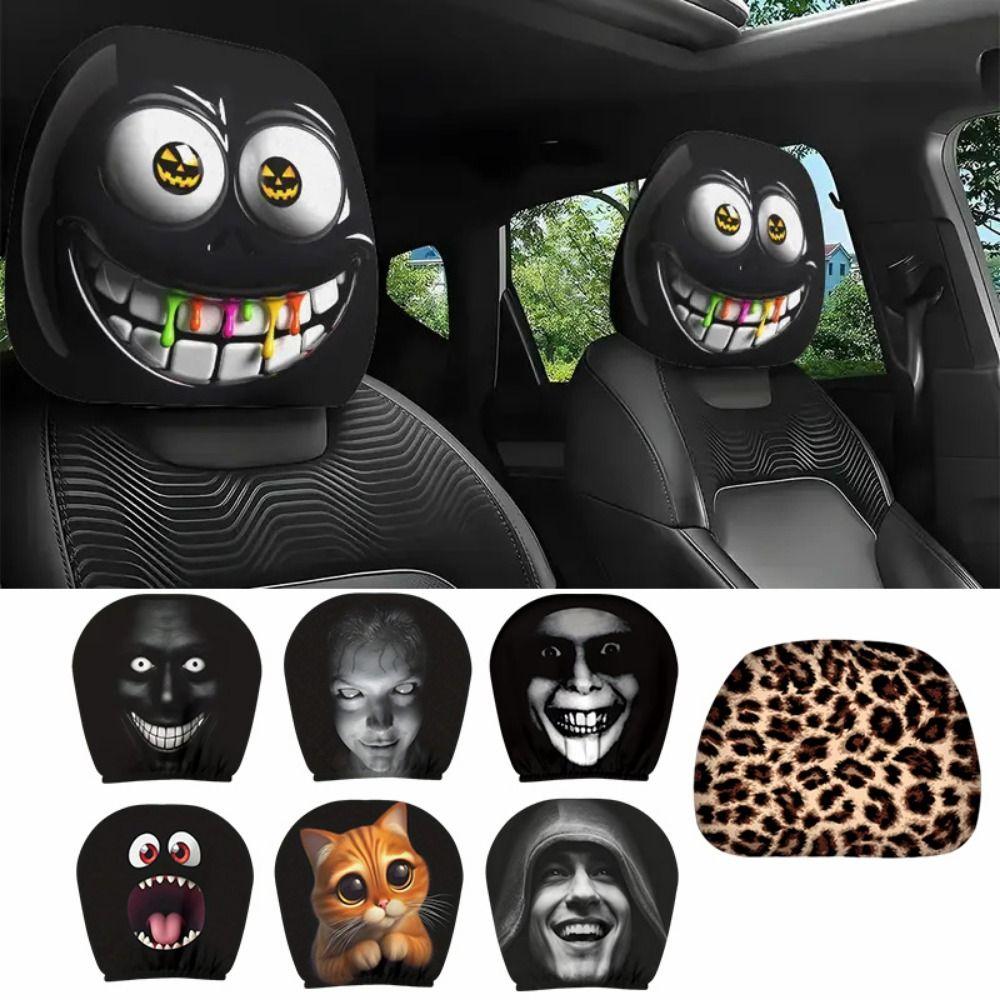 2Pcs Cartoon Car Pillowcase Exaggerated Car Seat Headcover Halloween Christmas Holiday