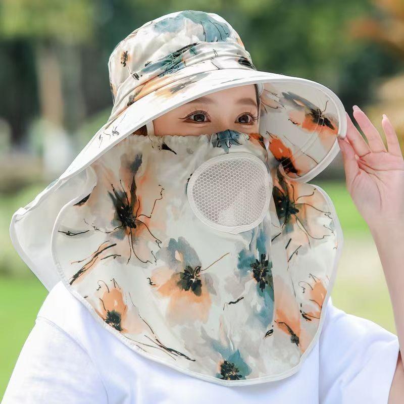 Pattern Flower Fan Women Breathable Sunshade Hat With Detachable Face Mask