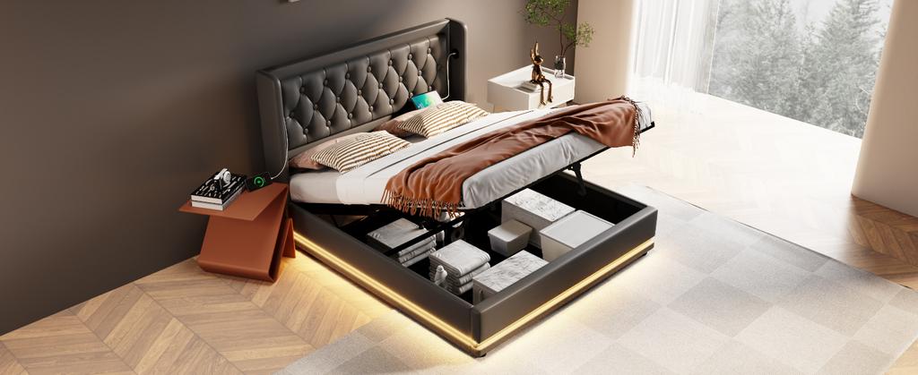 (=AB20149900S)Upholstered Double Bed 180*200cm, Black PU Hydraulic Storage, Padded Headboard USB Type-C Charging, 3-Side LED (Without Mattress)