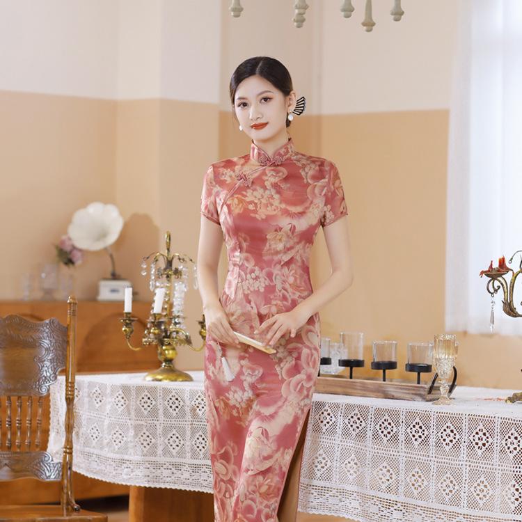 1011 summer and autumn new short-sleeved long satin plain white Chinese style thin cheongsam skirt large size women's clothing
