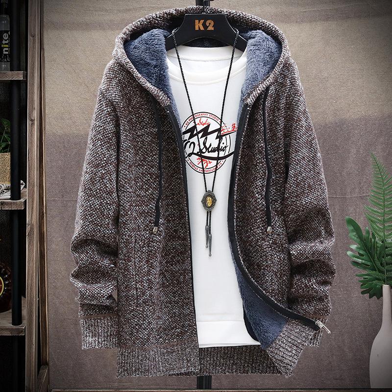 Men's Solid Color Thickened Knitted Jacket Winter Knitted Cardigan Casual Zipper Hooded Jacket