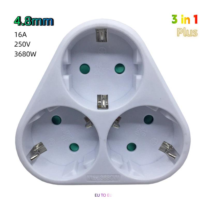 EU Type F 3‑Way Cordless Outlet Splitter – 16A Multi Plug Adapter, 3680W Max