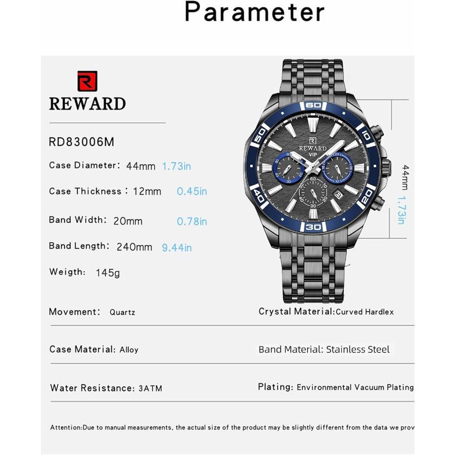 Mens Chronograph Watch Stainless Steel Waterproof Luminous Quartz Wristwatch with Date Window