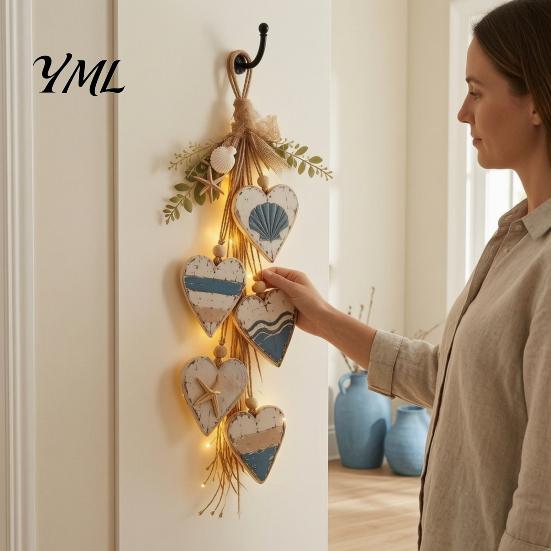 Boho Wall Art for Living Room Hanging Heart Decor, 5 Layered Hearts Ornament, Rustic Farmhouse Coastal Style Wood Vertical Display Sign, Thanksgiving