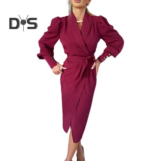 Women Formal Dress Business Style Turn-down Collar Long Sleeve Pure Color Slim Fit Lace-up Cross Cardigan Dress Spring Midi Dress OL Commuting Dress