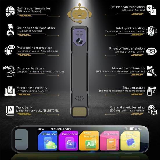 Ручка-переводчик 134 языка Онлайн-перевод Сканирование ИИ Умная ручка Вспомогательный инструмент Сенсорный экран Устройство для перевода языков Изучающие языки