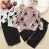 Girl's Bow Sweater Cardigan+Knitted Wide Leg Pants Two-piece Set