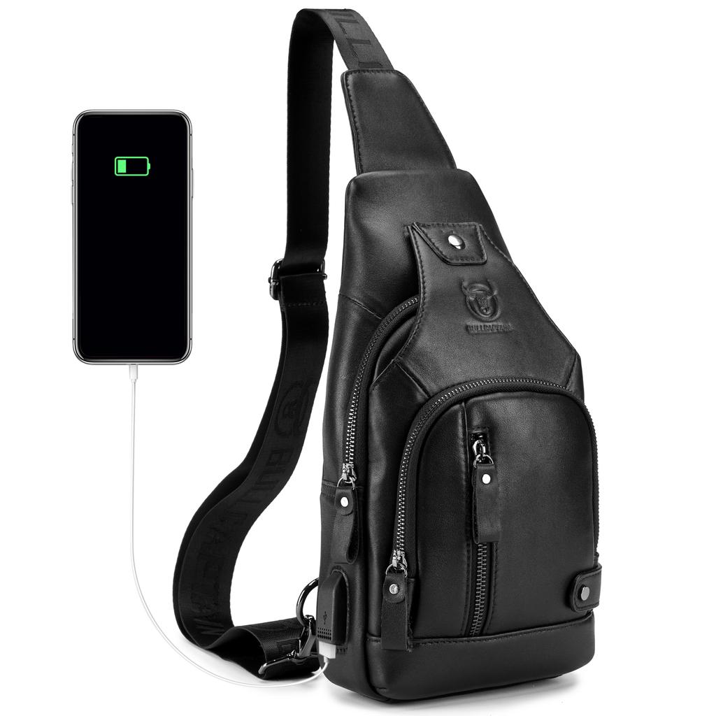Men Leather Sling Bag Casual Shoulder Chest Crossbody Bag Hiking Travel Daypack with USB Charging