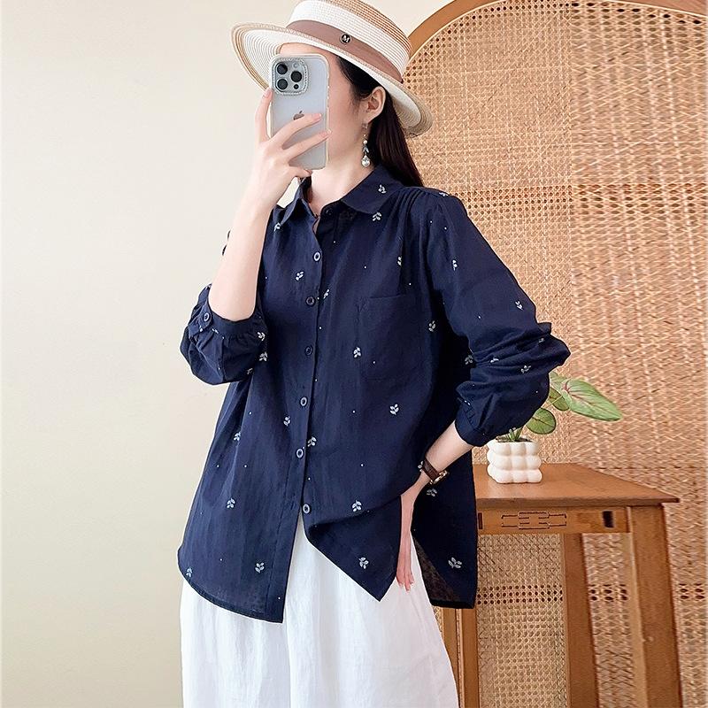 New Korean temperament casual double-layer cotton yarn pure cotton printed shirt women's simple design versatile lapel shirt