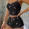 Sleepwear Women's Summer Pajama Set Heart Print Sexy Ribbed Bow Decor Round Neck Backless Crop Cami Top & Shorts Nightwear