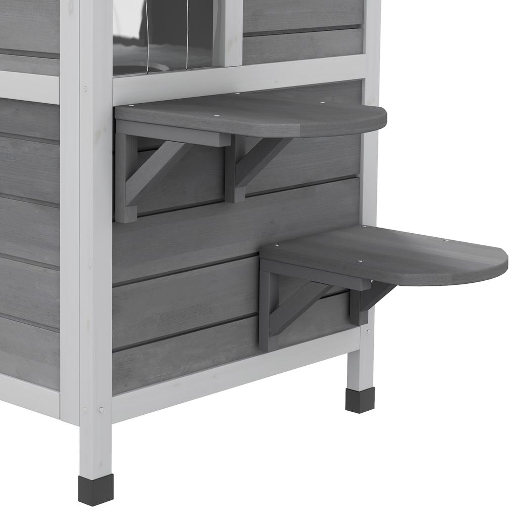 2-story Cat House Outdoor, Weatherproof Wooden Cat Enclosure with Escape Door, Openable Roof, Jumping Platforms, Grey