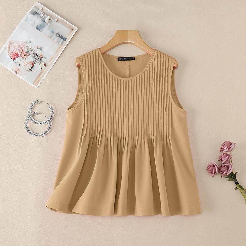 ZANZEA Женские повседневные свободные летние майки без рукавов с круглым вырезом