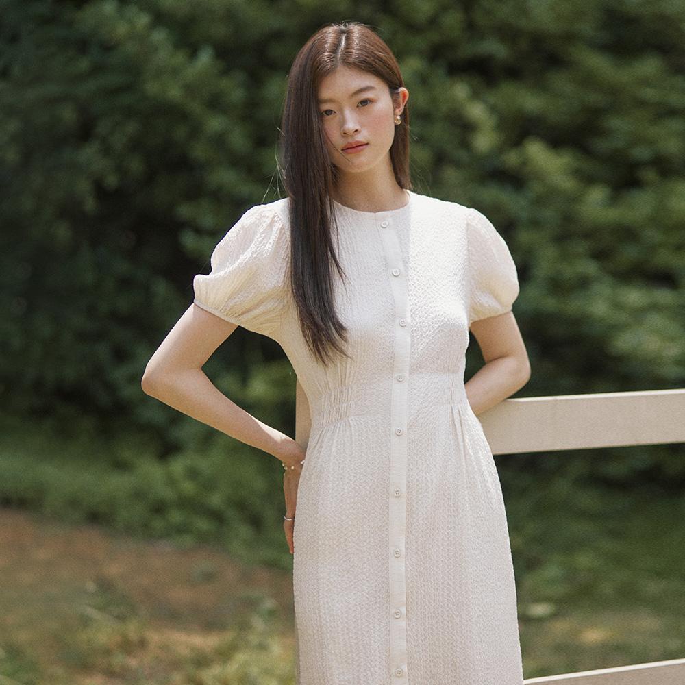 Adowl Seersucker Half Shirring Long Dress - Ivory