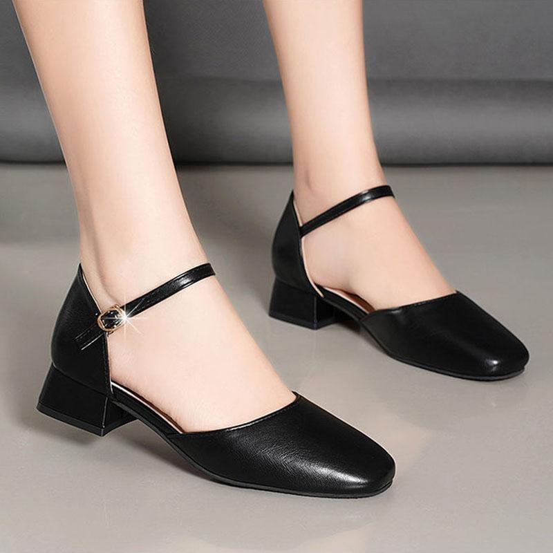 Elegant Low Heel Women's Shoes Casual Solid Color Pumps Baotou Ankle Buckle Sandals Work Shoes Pu Leather Chunky Heels Women