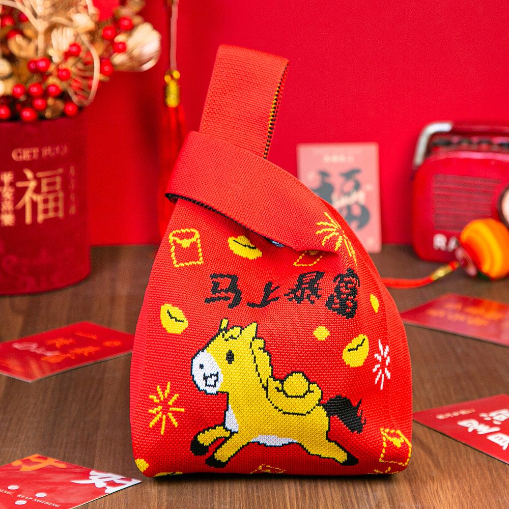 Год Лошади Красный Узел Сумка на Запястье Мультяшный Талисман Пони Вязаная Конфетная Сумка-Тоут Многоразовая Сумка для Покупок Подарочная Упаковочная Сумка