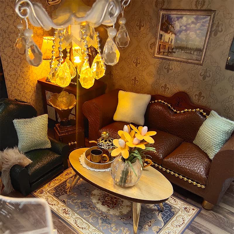 Blue Giraffe Miniature Dollhouse Retro DIY Wooden Perfect for Passing Diorama Includes LED Light and Dust Cover Kit, 3-Story Villa, Dollhouse, Time,