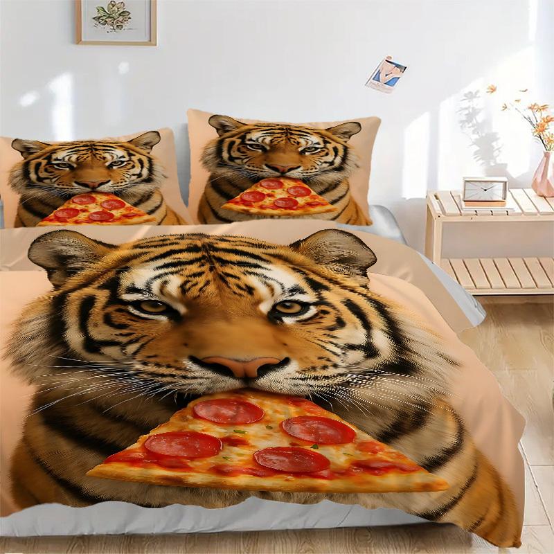 3PCs Tiger Pizza Slice Design Cover Set, Breathable Fabric, Machine Washable (1 Duvet Cover + 2 Pillowcases) (Without Quilt) yy250911093