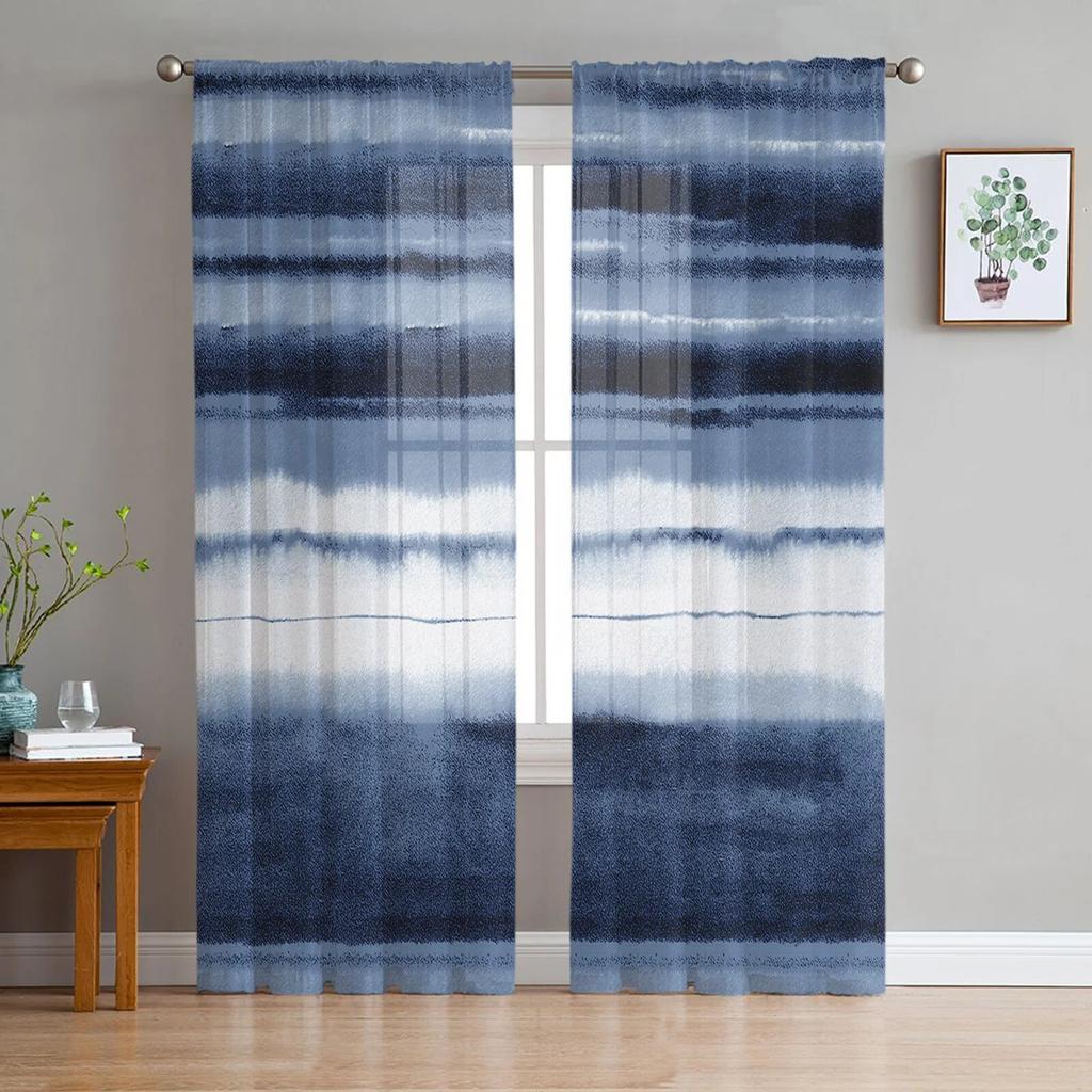 Watercolor Stripes Abstract Gradient Blue Sheer Voile Window Curtains Tulle Curtains Living Room Balcony Decoration Drapes