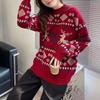Красный осенне-зимний вязаный новый женский свитер с жаккардовым рисунком оленя, пуловер с круглым вырезом, топ с цветовой блокировкой