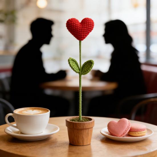 Crochet Heart Picks Handmade Knit Red Heart Bouquet with Green Leaves Valentine's Day Vase Filler for Table Centerpiece Home Decor