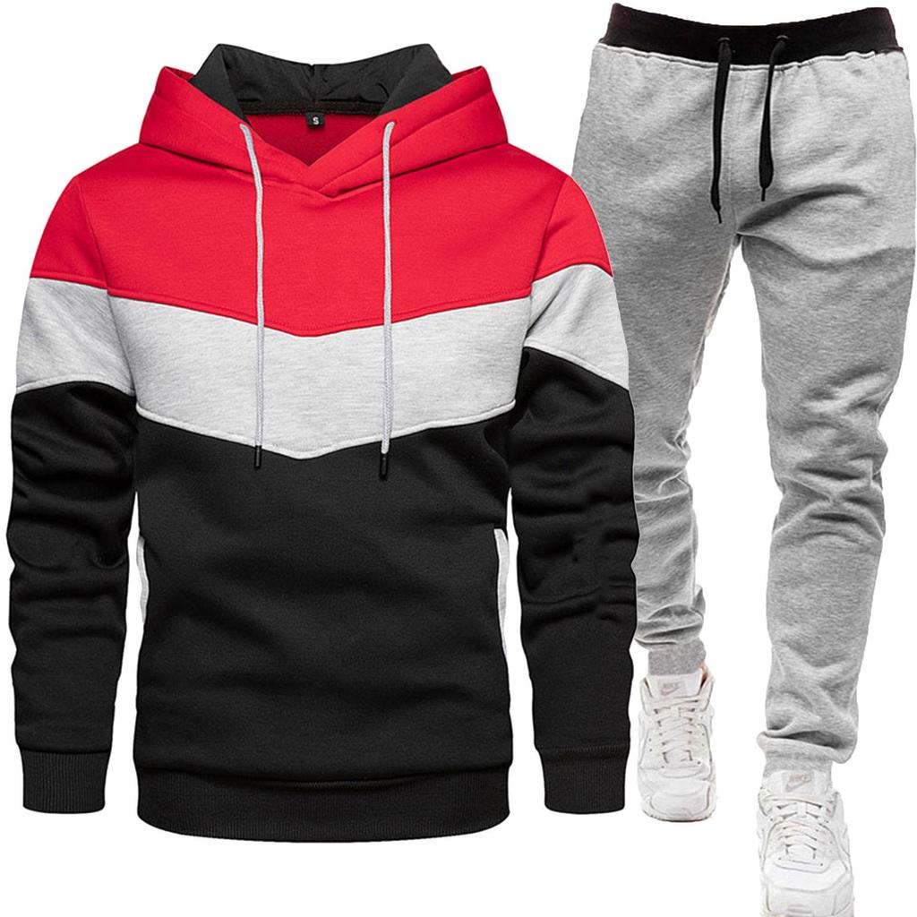2024 Men's Fashion Spliced Hooded Sweatshirt & Long Pants Two-Piece Sports Suit for Autumn/Spring