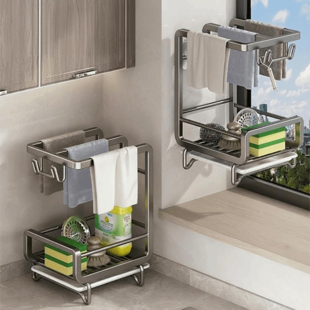 Multifunctional Wall-mounted Dishcloth Rack 2 Layers Space Saving Kitchen Storage Rack Countertop Sink Drain Rack Kitchen