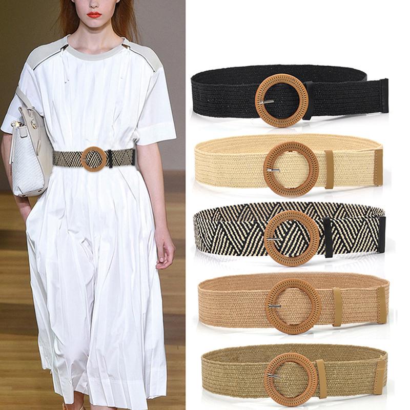 Summer Women'S Elastic Band Round Buckle Retro Bohemian Braided Dress Belt