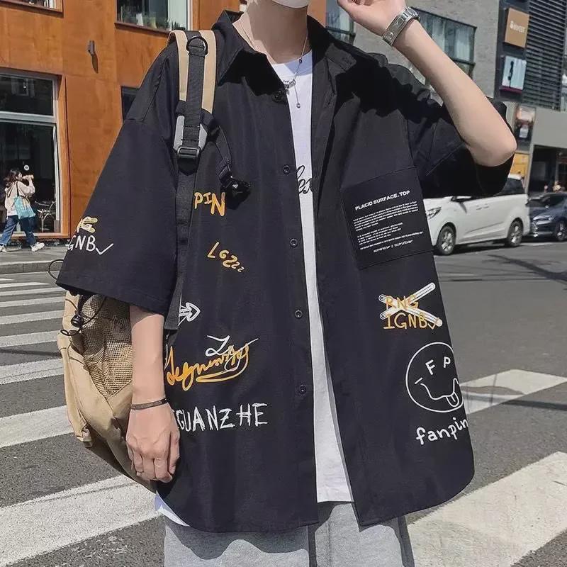 Мужская ретро-рубашка с коротким рукавом в японском стиле: Свободный, модный, однотонный, идеально подходит для пар и в качестве рабочей одежды