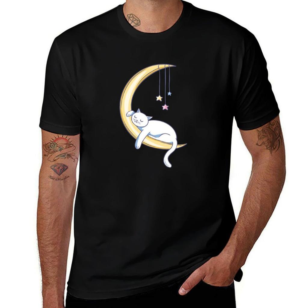 Sleeping Kitten Moon Tshirt Basic Casual Short Sleeve Cotton Shirt