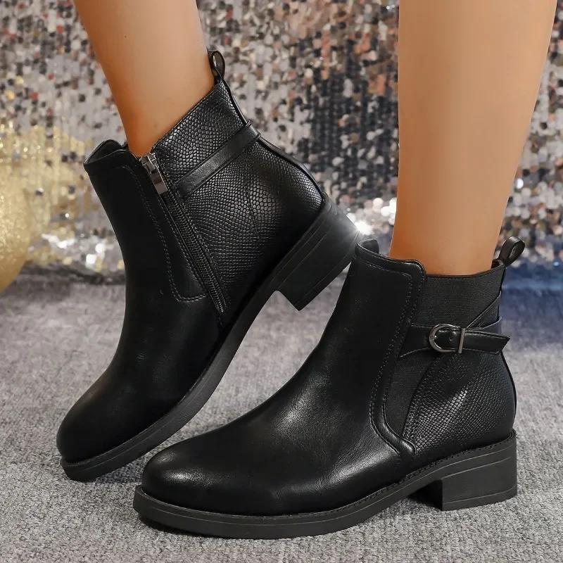Модная обувь для женщин 2024 года, горячая распродажа, женские ботинки с боковой молнией, осенние, с круглым носком, однотонные, короткие, на низком каблуке, большие размеры, ботинки Zapatos Mujer