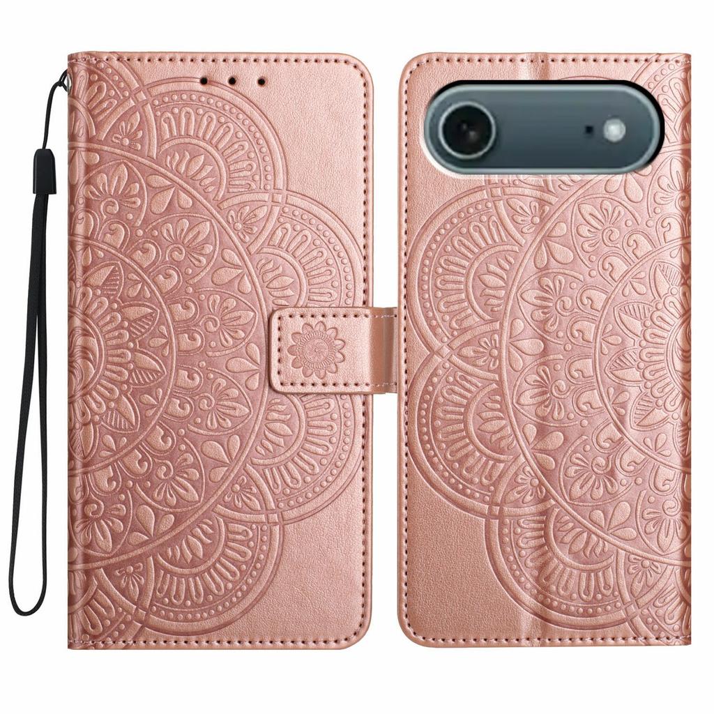 For iPhone 17 Air Leather Case with Strap/Card Slots Mandala Pattern Stand Phone Cover