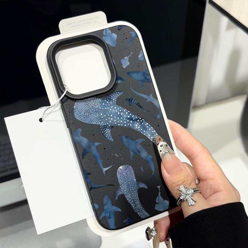 Чехол для телефона с китовой акулой для iPhone 17 16e 16 Pro Max 12 13 14 15 Pro Max 11 17 Air Ударопрочный Кожаная текстура Силиконовый TPU Чехол