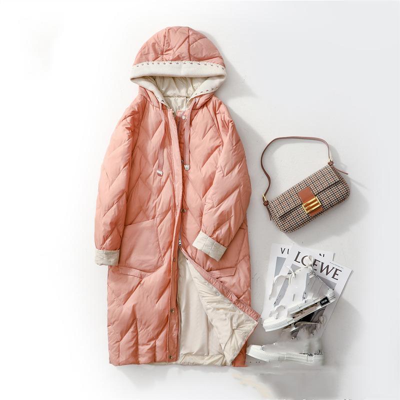 Женская зимняя осенняя куртка с капюшоном на белом утином пуху, пальто, свободная длинная однотонная вязаная шапка с большим карманом, пуховое пальто