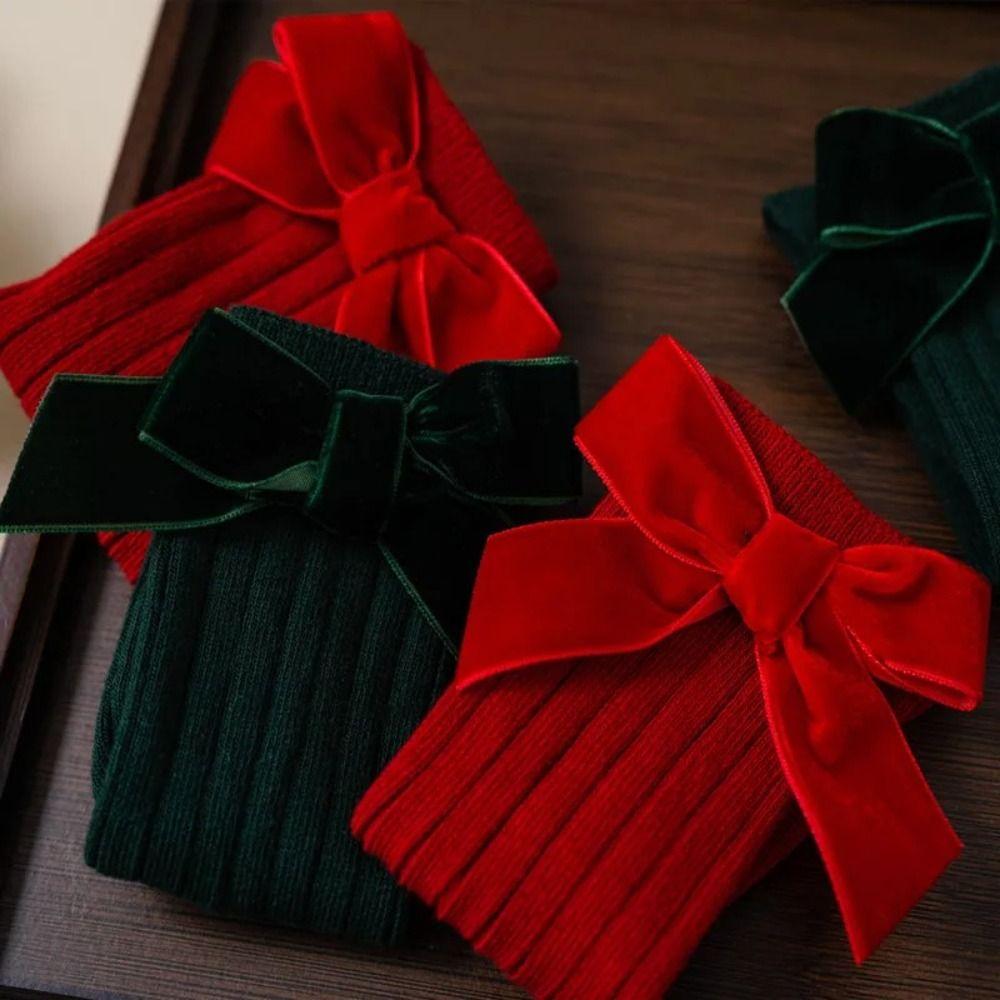 Red Kids Red Socks Cotton Bow Middle Tube Socks Soft Baby Knee High Long Sock Christmas Gifts