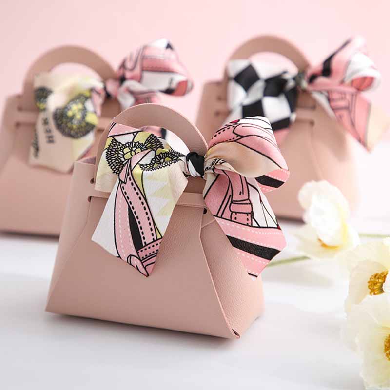 1PC Small Ribbon Bow Candy Bag Handbag Shape With Hand PU Leather Gift Box Creative