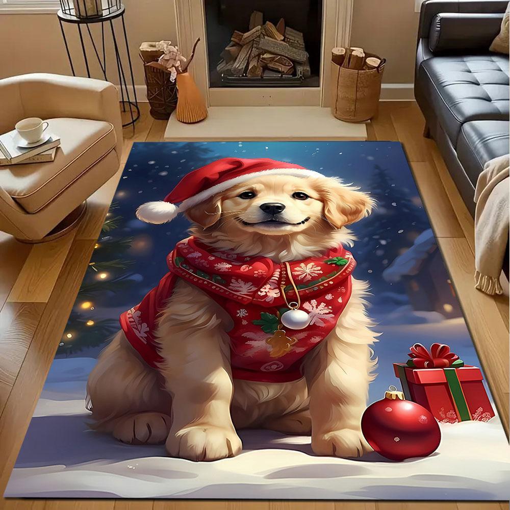 Golden Puppy in Christmas Attire Patterned carpet, non slip mat suitable for living room and bedroom sofas