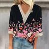 Женская модная футболка с V-образным вырезом и кружевным винтажным цветочным принтом, повседневный топ с семью рукавами
