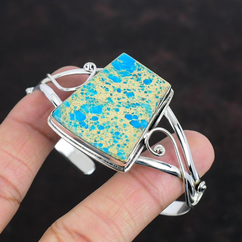 Blue Sea Sediment Jasper Cuff Bracelet 925 Sterling Silver Adjustable Bangle Handmade Jewelry Natural Gemstone Cuff Bracelet Gifts For Wife