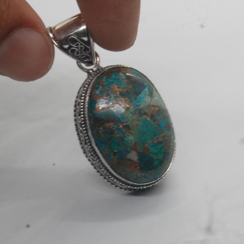 Oval Cab Green Copper Turquoise 925 Sterling Silver Pendant, Designer Turquoise Pendant