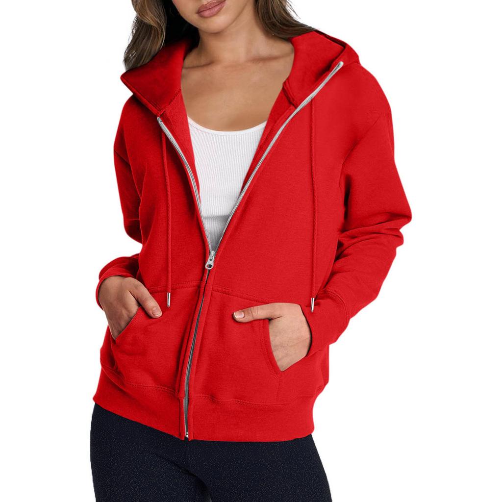 Women's Casual Fashion Solid Color Long Sleeved Zippered Hooded Sweatshirt