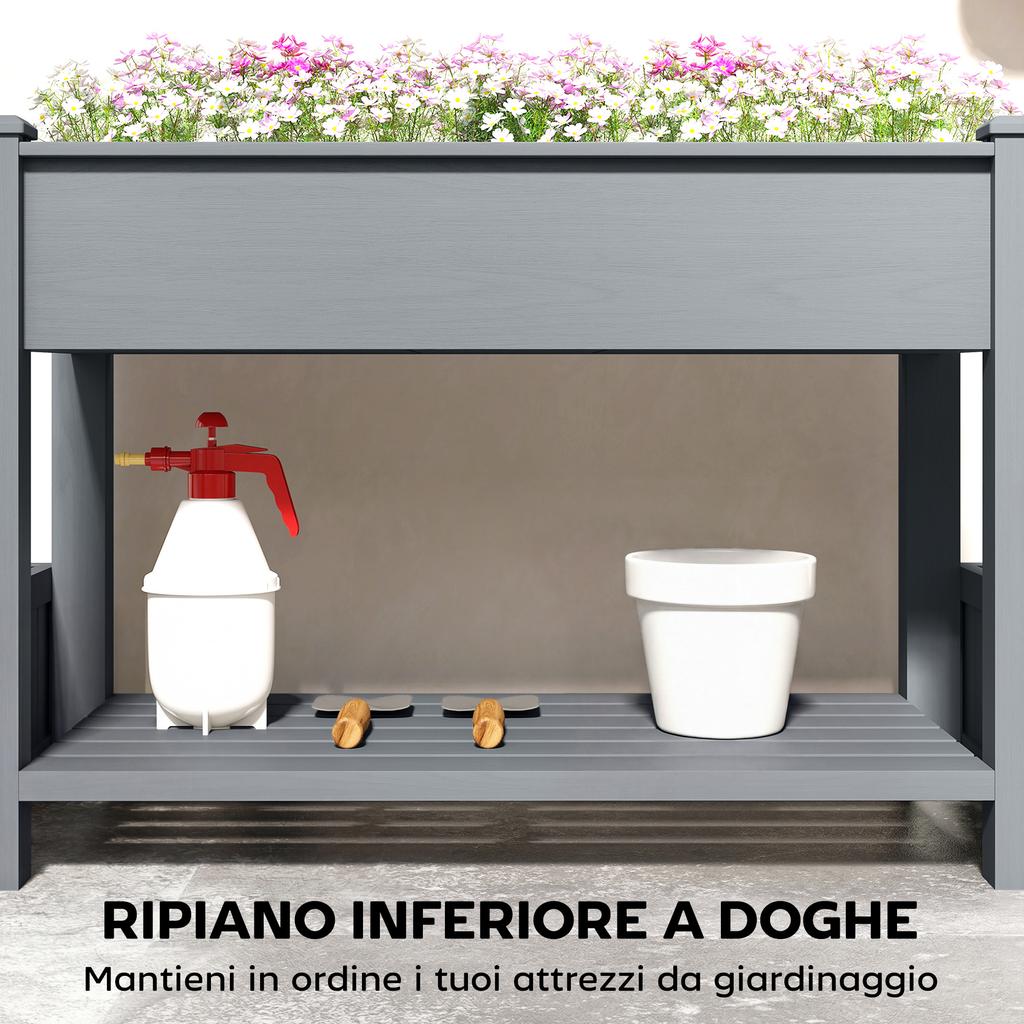 Raised Flower Bed With 2 Side Pots And Shelf For Tools In Fir Wood 149x46x76 Cm Gray