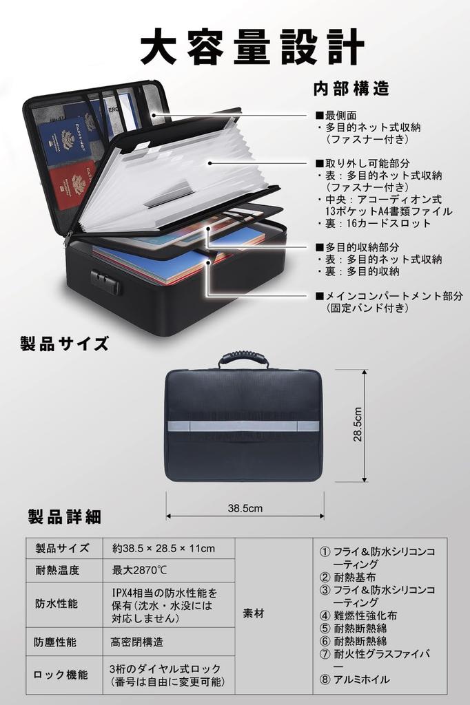 YULUQ Огнестойкая и водонепроницаемая сумка для документов с замком (Папка-гармошка А4, Черная)