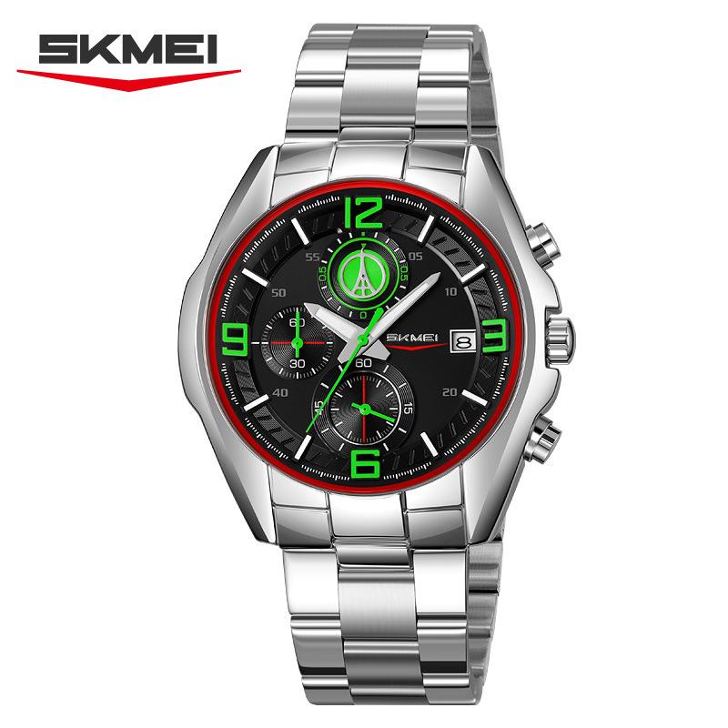 Часы skmei кварцевые мужские с ремешком из цельной стали, деловые многофункциональные, модные мужские водонепроницаемые часы с календарем