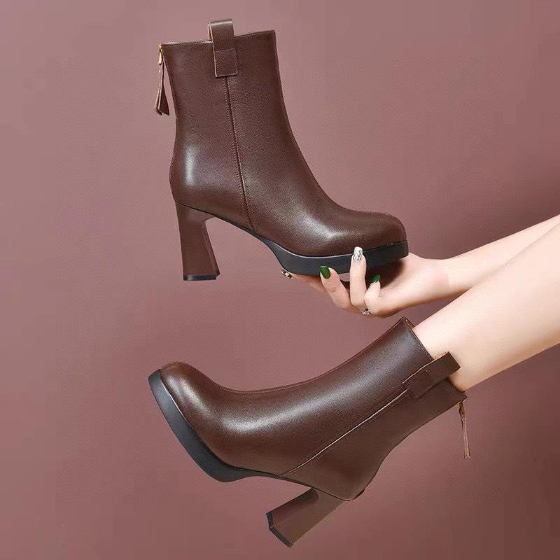 Leather Boots Women's New Pointed Thick Heel High Heel Short Boots Fashion Boots Rear Zipper Women's Boots Cotton Boots