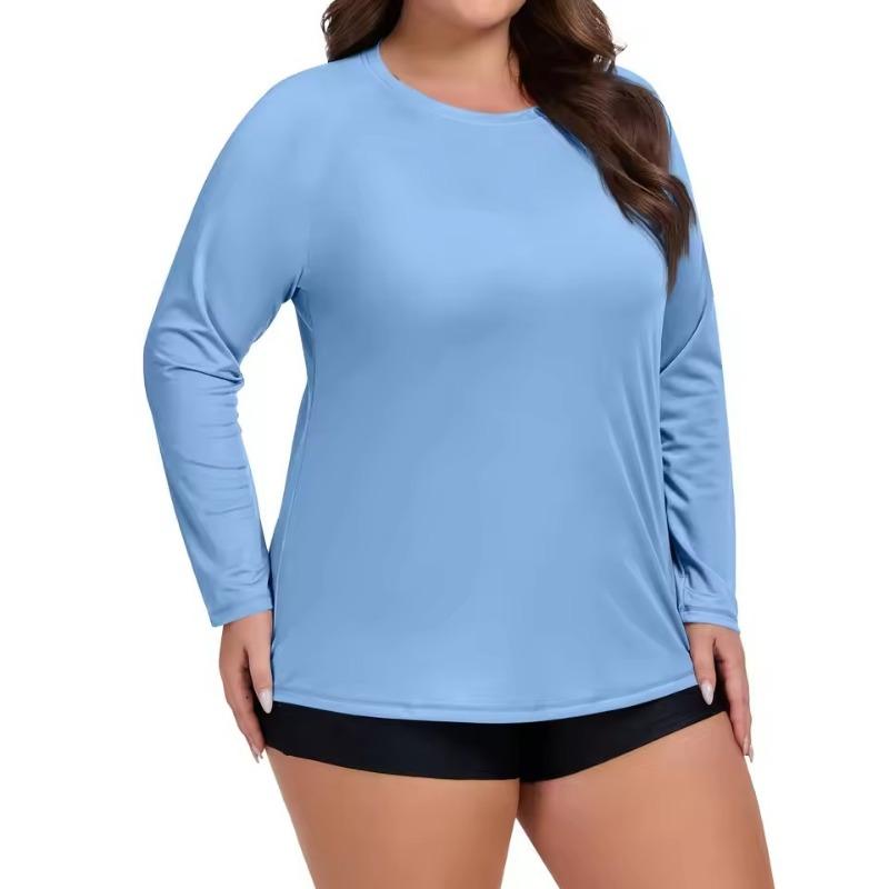 Plus Size Sport Sunscreen Top Women Summer Sunscreen Quick-drying Long-sleeved 3D T-shirt Round Neck Solid Color Breathable Tee