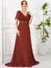 Ever-Pretty Women's Double V-Neck Empire Waist  Floor Length Chiffon Evening Dresses with Short Flutter Sleeves