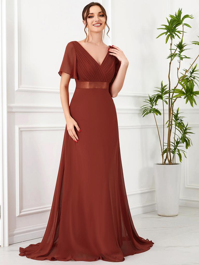 Ever-Pretty Women's Double V-Neck Empire Waist Floor Length Chiffon Evening Dresses with Short Flutter Sleeves