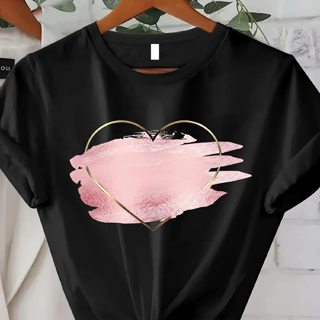 Length Women's Casual Top Spring Summer Collection Geometric Heart Print T-Shirt Polyester Regular