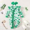 Baby Girls Rompers and Headband Sets Shamrock Print V-Neck Long Sleeve Jumpsuit Bodysuits Ireland Festival Clothes
