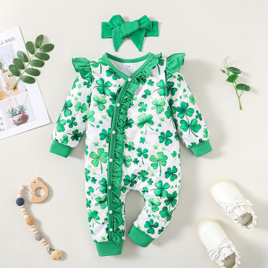 Baby Girls Rompers and Headband Sets Shamrock Print V-Neck Long Sleeve Jumpsuit Bodysuits Ireland Festival Clothes